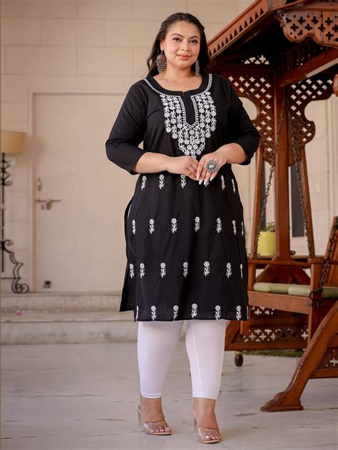 Black & White Ethnic Motifs Plus Size Chikankari Kurti – Yufta Store