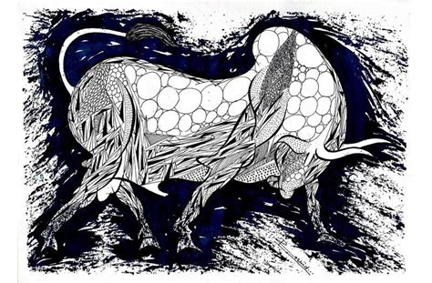 "Blue Bull Series 10": Violet Pen Ink Drawing by Rashid Ahamad ...