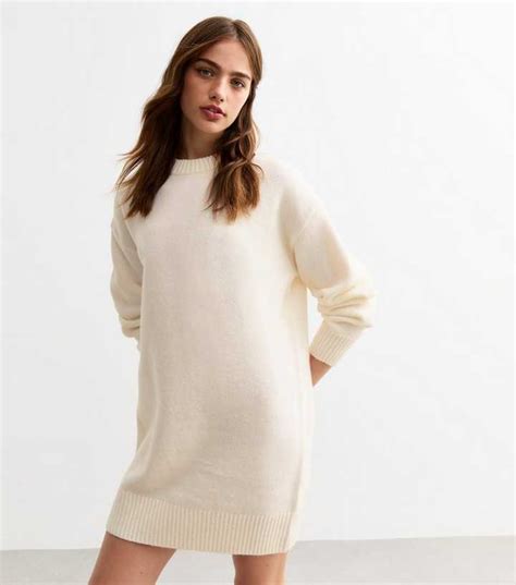 Off White Knitted Crew Neck Mini Dress | New Look