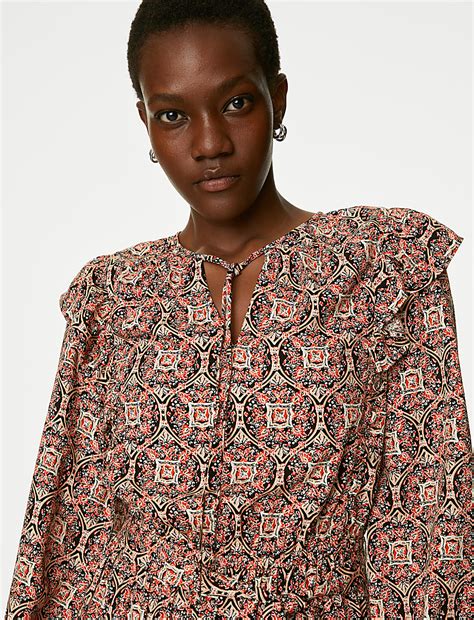 Buy Printed V-Neck Ruffle Mini Waisted Dress at Marks & Spencer