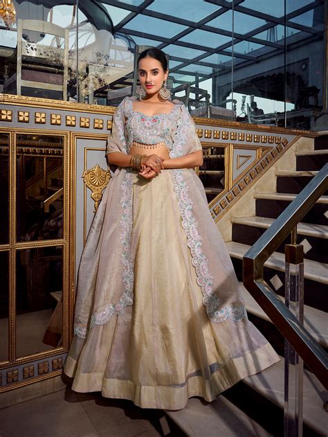 Cream Color Sequins And Thread Embroidery Work Gold Crush Lehenga Chol ...