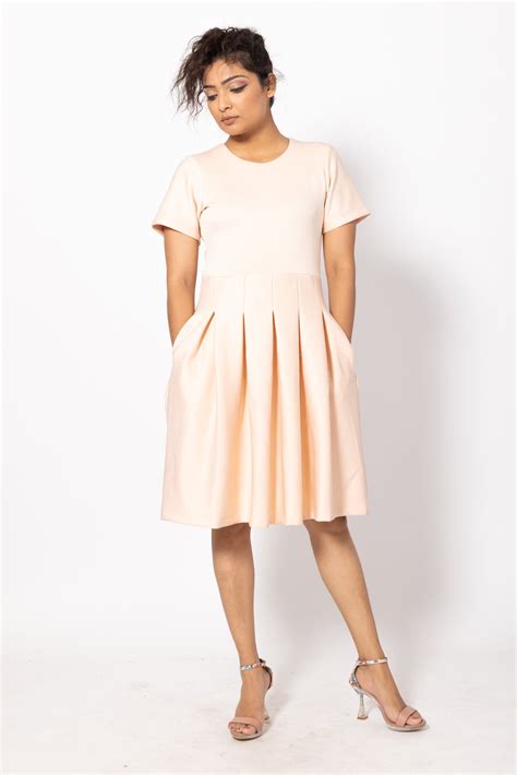 Peach Tuck Pleated Dress with Side Pockets for Women by Home of Emily
