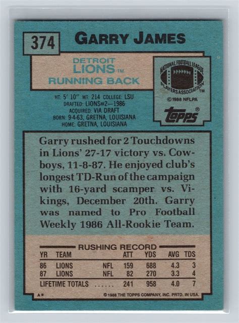 1988 Topps #374 Garry James Detroit Lions Mint | eBay