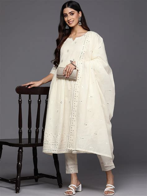 Buy Off White Embroidered Cotton Anarkali Suit Set With Trousers Online ...