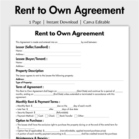 One Page Rent to Own Agreement, Editable Lease to Own Option Contract ...