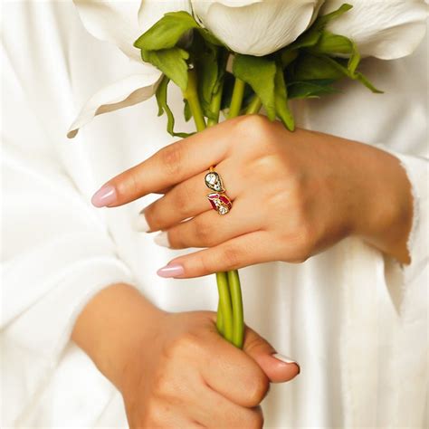 Twin Leaf Ring | 14K Gold with Polki Diamonds & Pink & Blue Enamel ...