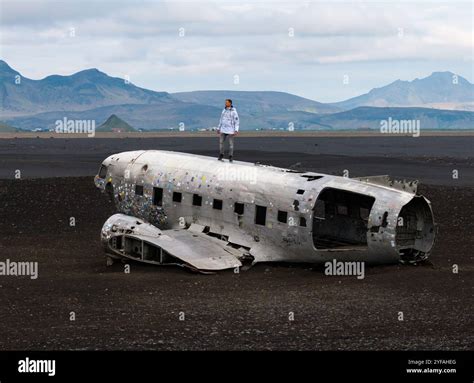 Aerial view of Abandoned DC-3 plane wreck on Solheimasandur black sand ...