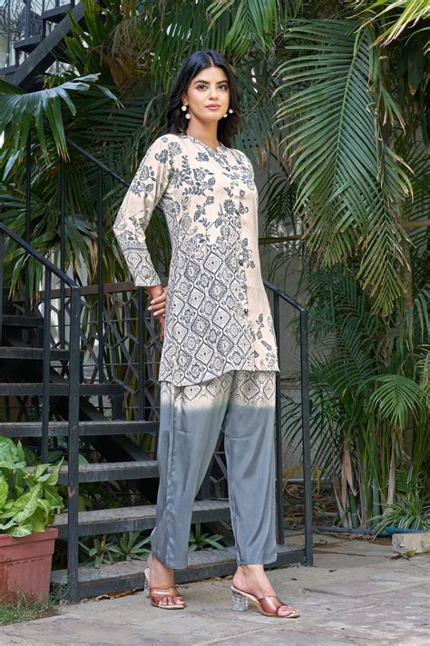 Beige & Grey Embellished Floral Co-ord Set – Kaftanize