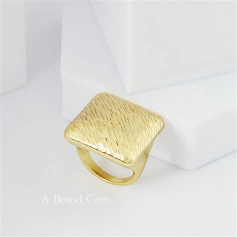 Gold Finish Textured Square Cocktail Ring with Bold Geometric Design ...