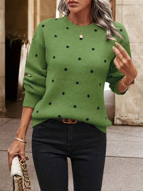 EMERY ROSE Polka Dot Pattern Drop Shoulder Sweater,Long Sleeve Tops ...
