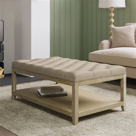Rectangular Beige Upholstered Buttoned Coffee Table with Storage ...