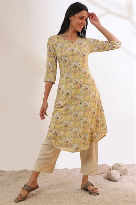 Buy Yellow Floral Printed Modal A-Line Kurta Online for Woman | Shop ...