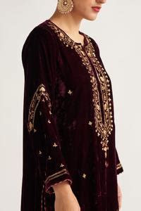 Buy Wine Velvet Sequins, Embroidery Round Neck Contrast Kurta With Pant ...