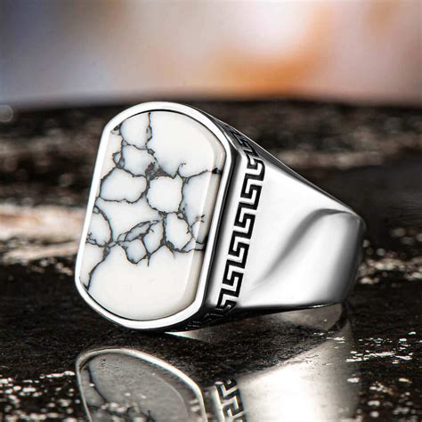 Simple Model White Turquoise Stone Sterling Silver Men's Ring