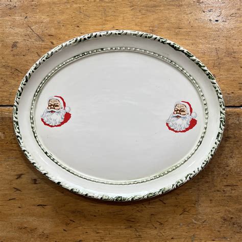 Vintage Oval Ceramic Platter with Santa Decals - The Junk Parlor