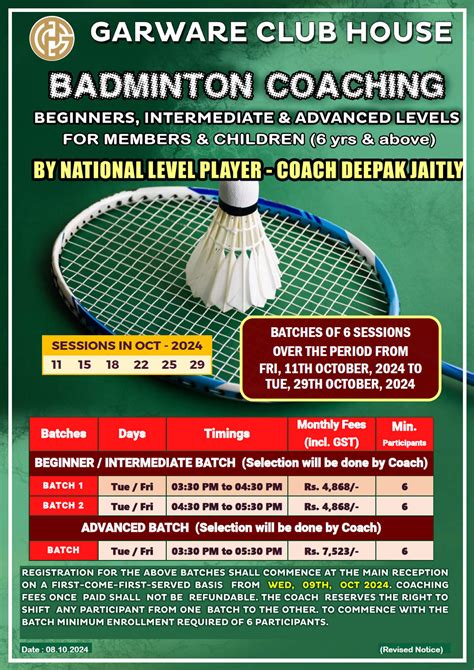 Badminton Monthly Coaching Oct 2024 Batch for Beginners, Intermediate ...