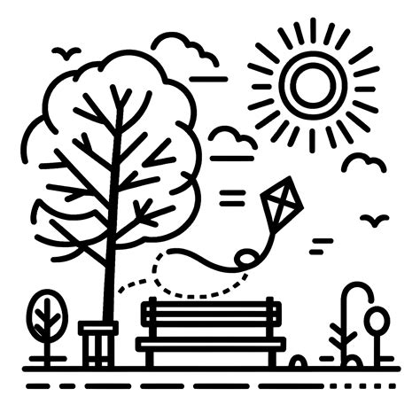 Un parc în toamnă cu zmeie: Desen de colorat simplu pentru copii (Gratuit)