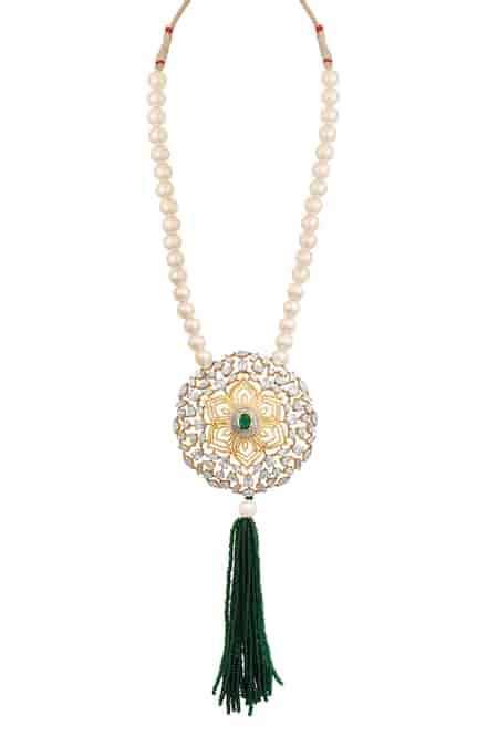 Buy Gold Plated Diamonds, Stones, Gota Patti Studded Pearl Necklace Set ...