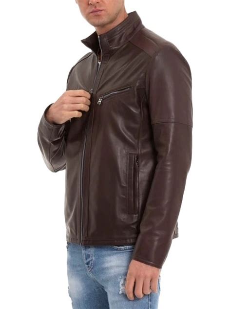 Stand Collar Brown Leather Jacket