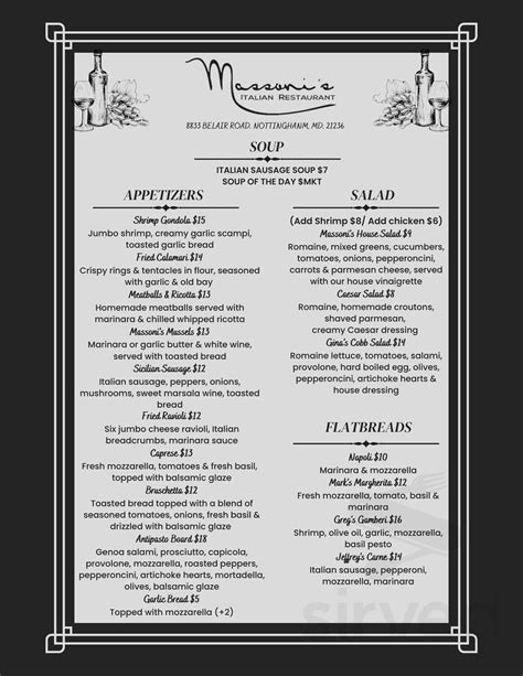 Massoni's Italian Restaurant menu in Nottingham, Maryland, USA