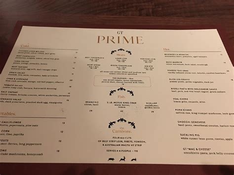 Menu at GT Prime Steakhouse, Chicago, 707 N Wells St