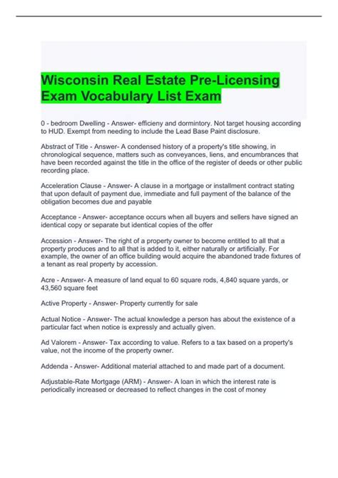 Wisconsin Real Estate Pre-Licensing Exam Vocabulary List Exam 2024 ...