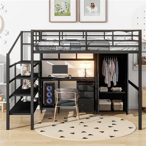 Bellemave Full Loft Bed with Desk and Wardrobe, Loft Bed with Storage ...