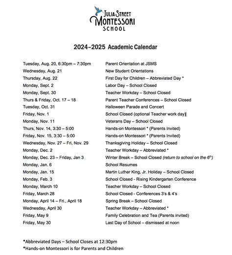 Calendar - Julia Street Montessori School