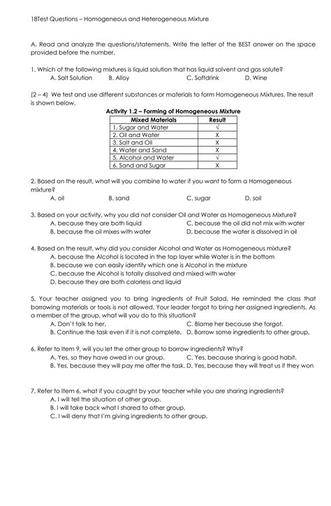 SOLUTION: Test Questions - Homogeneous and Heterogeneous Mixture ...