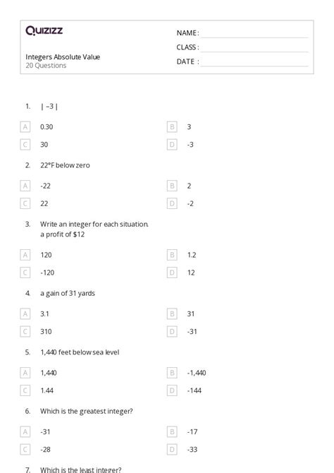 50+ Absolute Value worksheets for 7th Class on Quizizz | Free & Printable