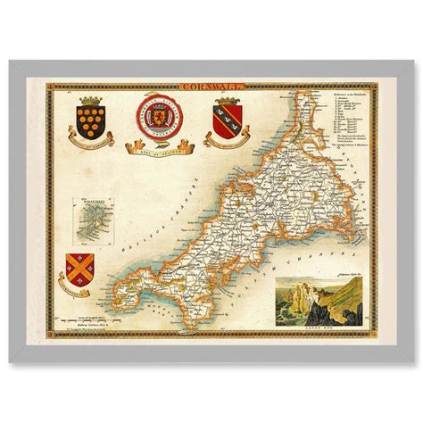 Map Antique Moule 1850 Cornwall County England UK Artwork Framed Wall ...