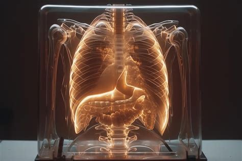 Ein Röntgenbild, das die Lungen in einem Glaskörper zeigt, das die ...