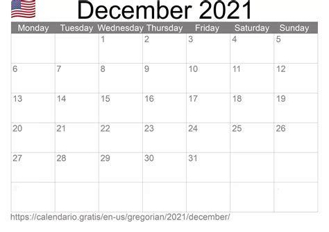 Calendar December 2021 from United States of America in English ...