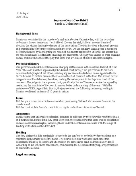 Supreme Court Case Brief 1 - 1 Kriti Aryal GOV 357L Supreme Court Case ...