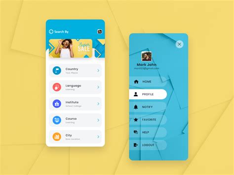 Search By & Side menu App Screen design - UpLabs