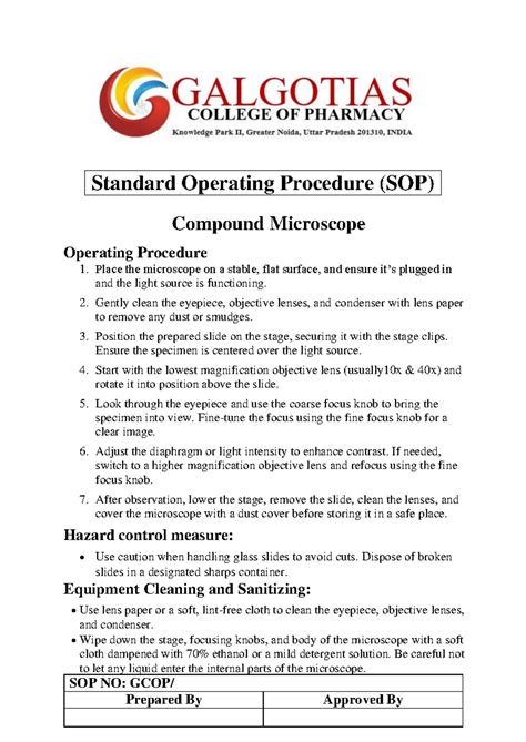 SOP for Using Compound Microscope - GCOP/ Standard Operating Procedure ...