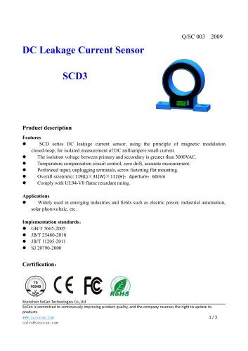 Closed-loop current sensor / DC / leakage current SCD1 Series ...