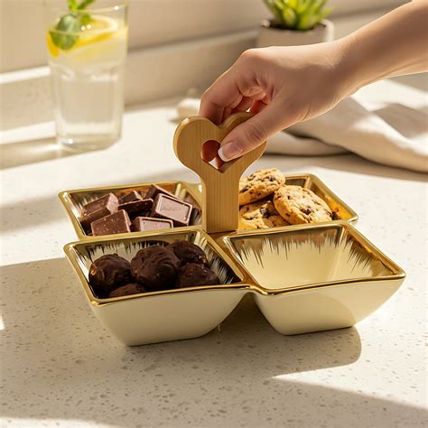 Cream Ceramic Quad-Part Serving Platter with Bamboo Handle & Gold Rim ...