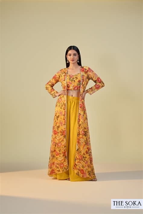 Mustard Yellow Floral Print Crop Top with Palazzo and Long Shrug – The Soka