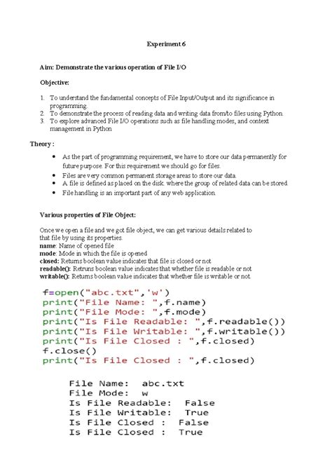 Experiment 6 - Demonstrate the various operation of File I/O ...