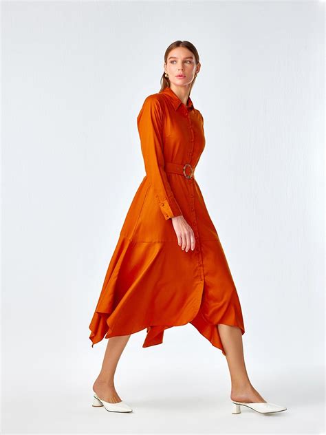 Orange Asymmetric Hem Shirt Dress