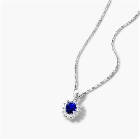 18K White Gold Oval Halo Sapphire And Diamond Necklace-8343509w
