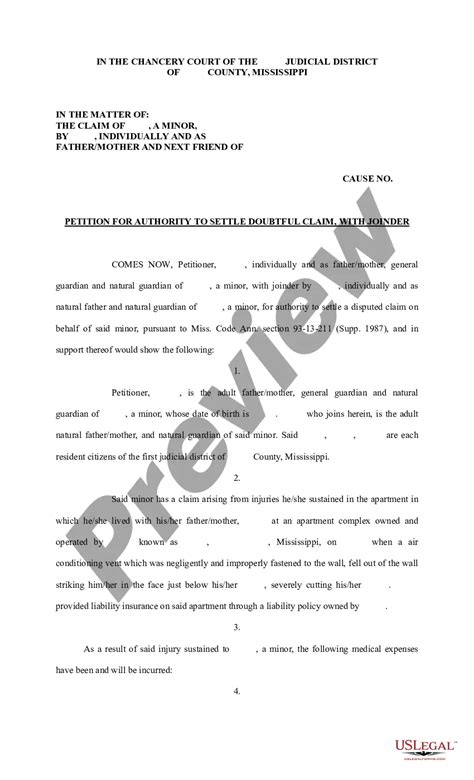 Mississippi Petition for Authority to Settle Doubtful Claim, With ...