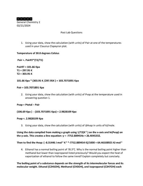 Post-Lab 2 - Post Lab questions for lab 2 of general chem 2 - General ...