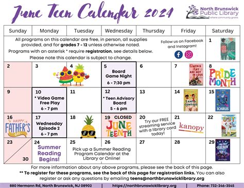 Teen Programs June 2024 Calendar — North Brunswick Public Library