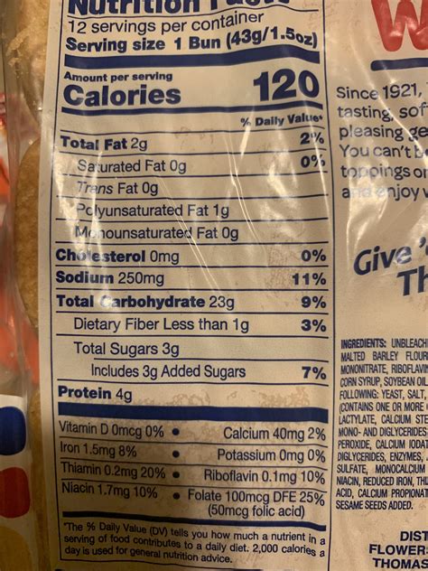 Wonder White Bread Nutrition Label