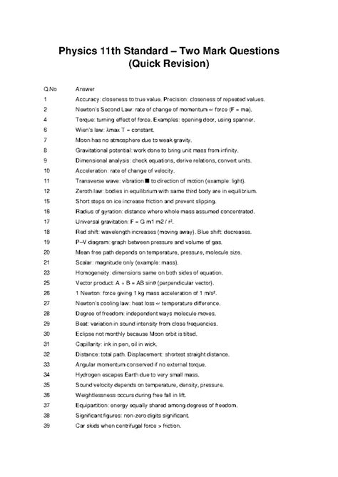 Physics 11th Standard Two Mark Questions - Quick Revision Notes - Studocu