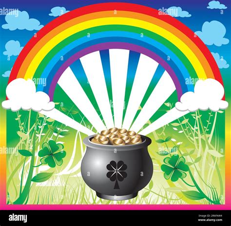 Vector Illustration of pot of gold rainbow with a colorful backgound ...