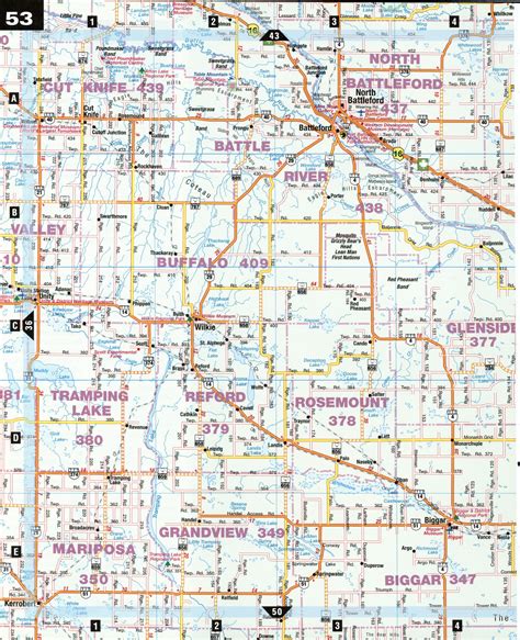 Road map Saskatoon and North Battleford city surrounding area (Saskatchewan, Canada) - US map