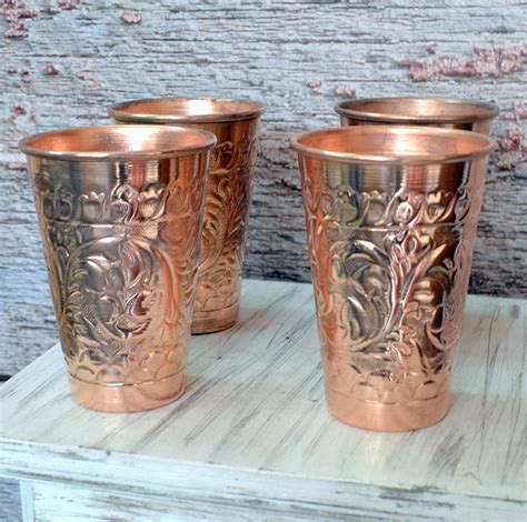 4 Hammered Copper Glasses Water Juice Cold Drink Health Benefits Look ...
